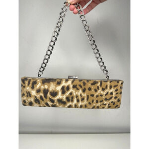 Vintage Fashion Express Leopard-Print Slim Clutch Silver Chain Strap Black Lined